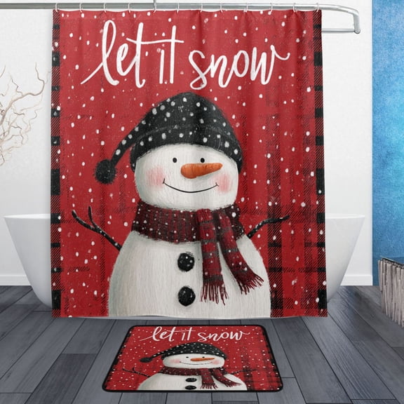 TTYFWHD 60" x 72" Shower Curtain and Bath Mat Set Red Scarf Snowman Waterproof Bathroom Curtain with 12 Hooks, Bathroom Decor Set