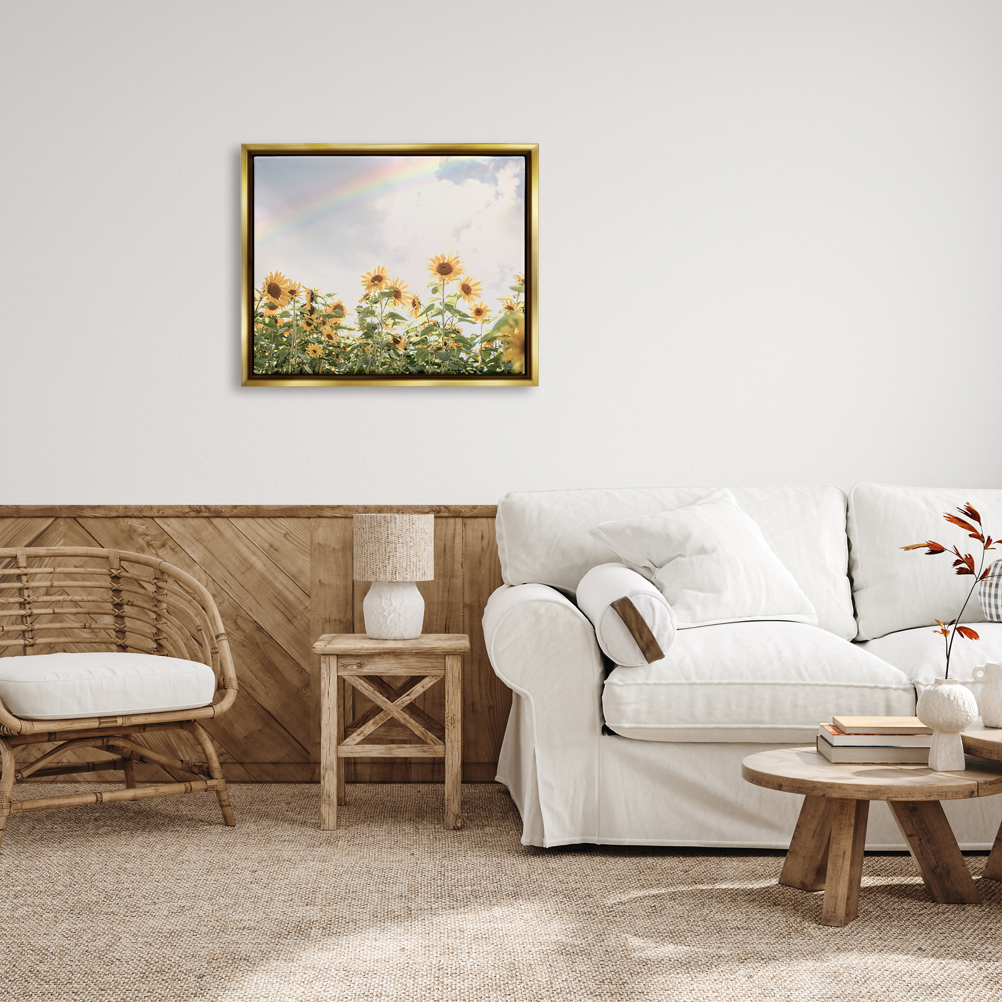 Stupell Industries Rainbow over Sunflowers Botanical & Floral Photography Gold Floater Framed Art Print Wall Art, 31 x 25