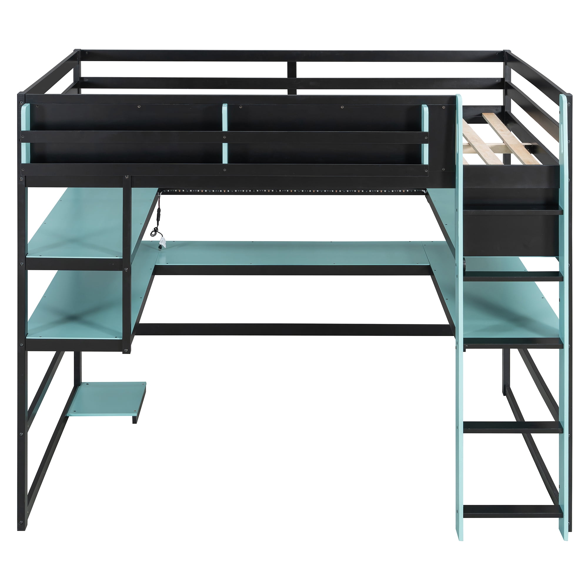 Mintazer Full Size Gaming Loft Bed with U-Shaped Desk & LED Lights, Modern Bed Frame with Shelves & Charging Station for Dorm Bedroom Apartment, Black & Blue