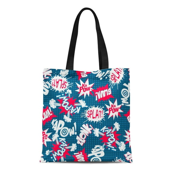 NUDECOR Canvas Bag Resuable Tote Grocery Shopping Bags Blue Blam Comic Book Action Words Red Blast Cartoon Dots Expression Hero Kapow Tote Bag
