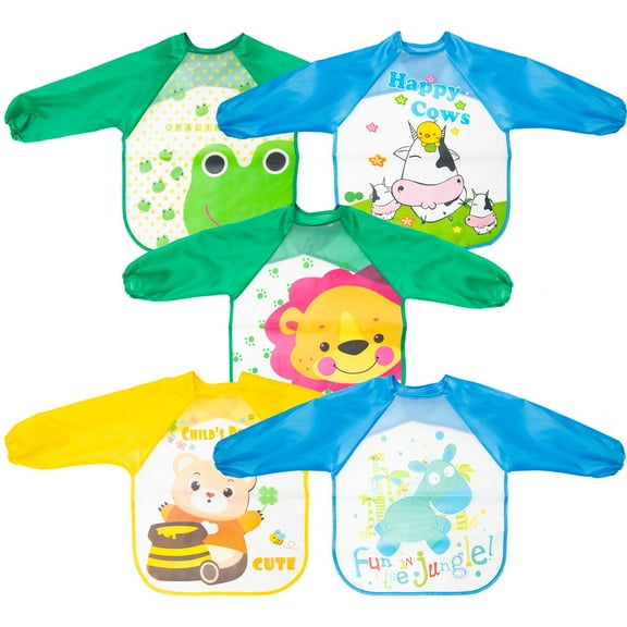 2ooya Animal Long Sleeved Bibs for 1-3 Year Old Kids, 5 Styles Waterproof Long-Sleeved Cover with Lion Bear Frog Cow Zebra Signs for Baby Feeding