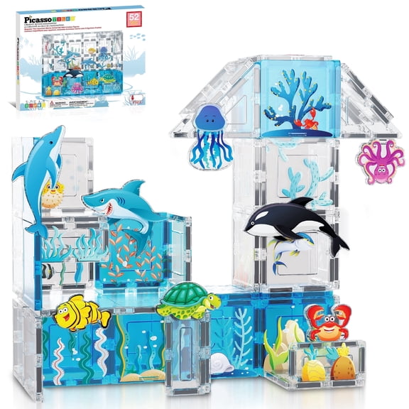 PicassoTiles Magnetic Tiles for Kids – Marine Animal Theme 52PCS STEM Construction Building Blocks Educational Toy