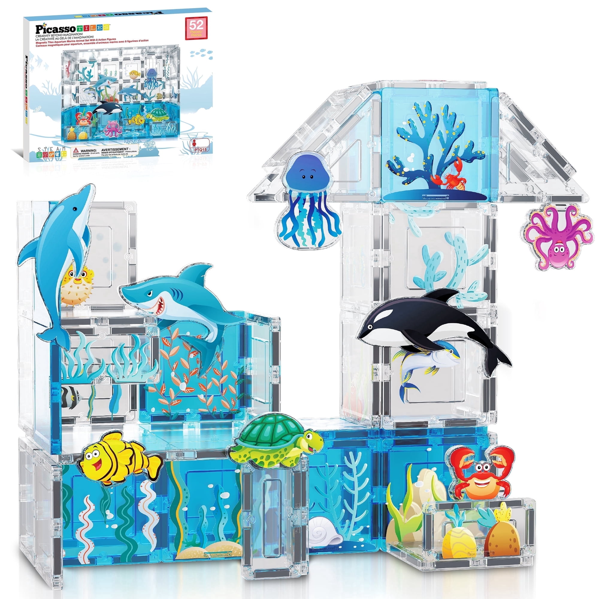PICASSO TILES Magnetic Marine Animal Theme Building Blocks Toy Set for Kids, 52 Pieces
