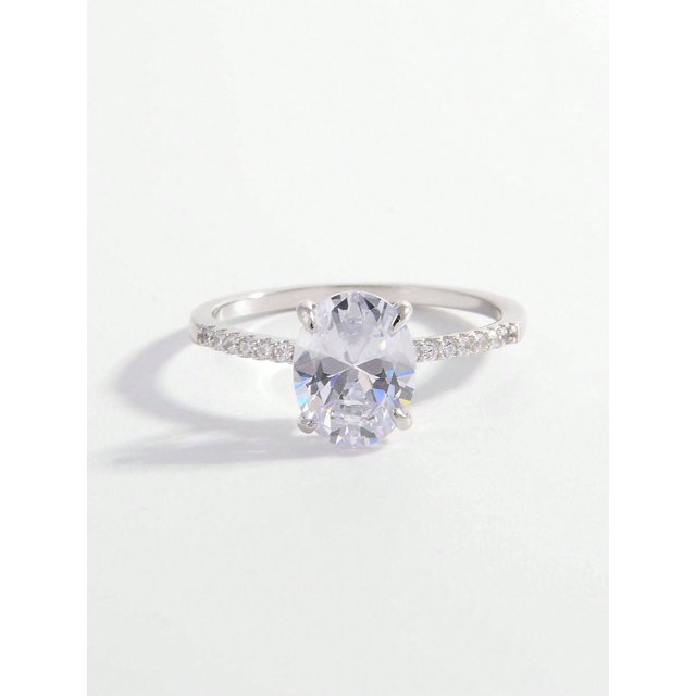 1pc Fashionable Oval Cubic Zirconia Decor Silver Ring For Women For Dating Gift