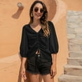thumbnail image 5 of Camisa de gasa con manga de siete puntos y cordón de moda informal con cuello en V para mujer (negro), 5 of 5