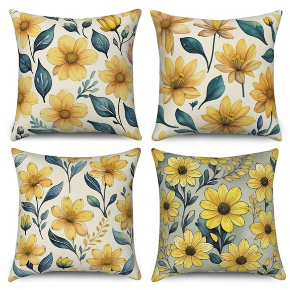 Pbobriich Yellow Floral Throw Pillow Covers 18 x 18 inch Set of 4 Daisy Flower Decoration Linen Cushion Cases for Couch Sofa