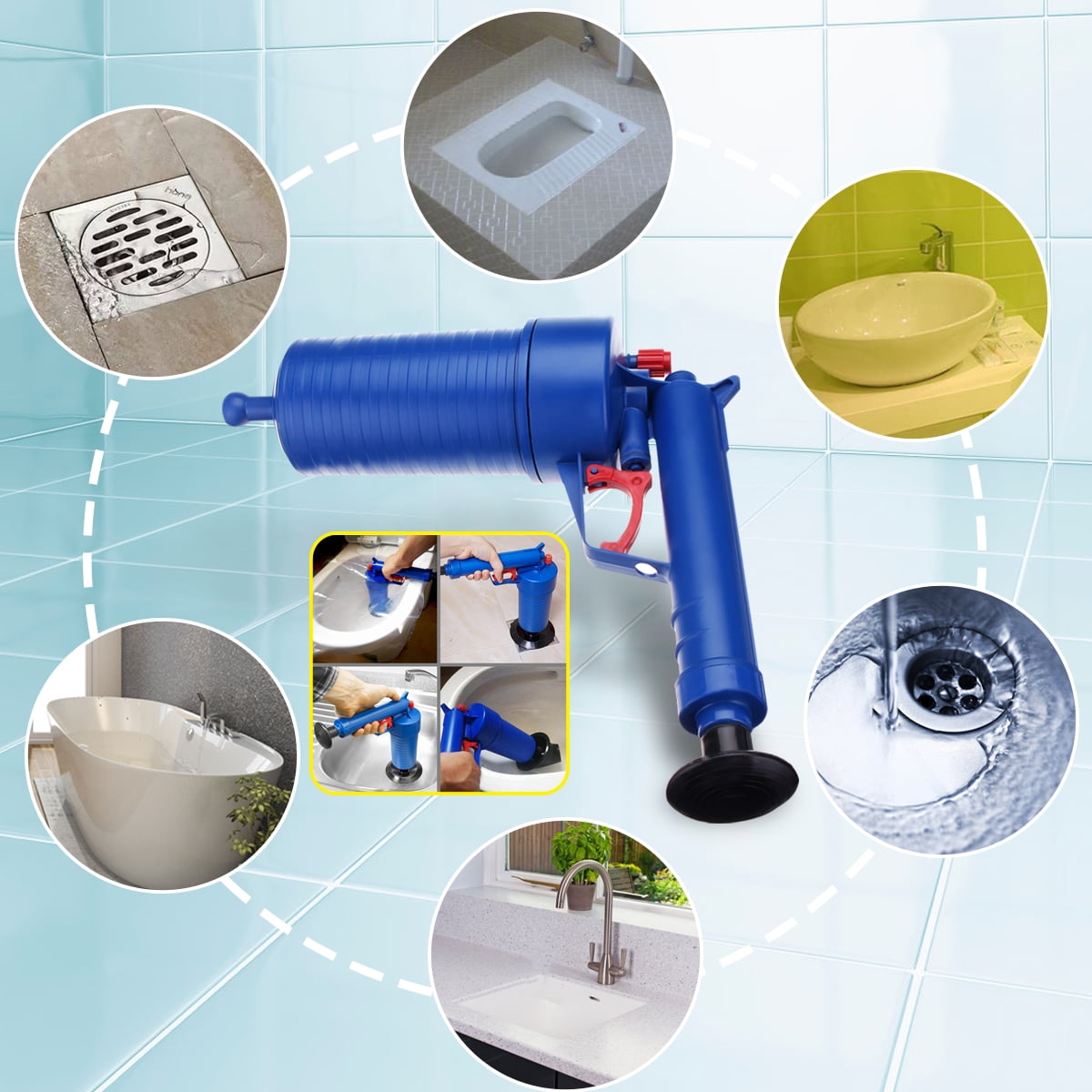 High Pressure Air Drain Pump Plunger Sink Pipe Clog Kit For Bathroom