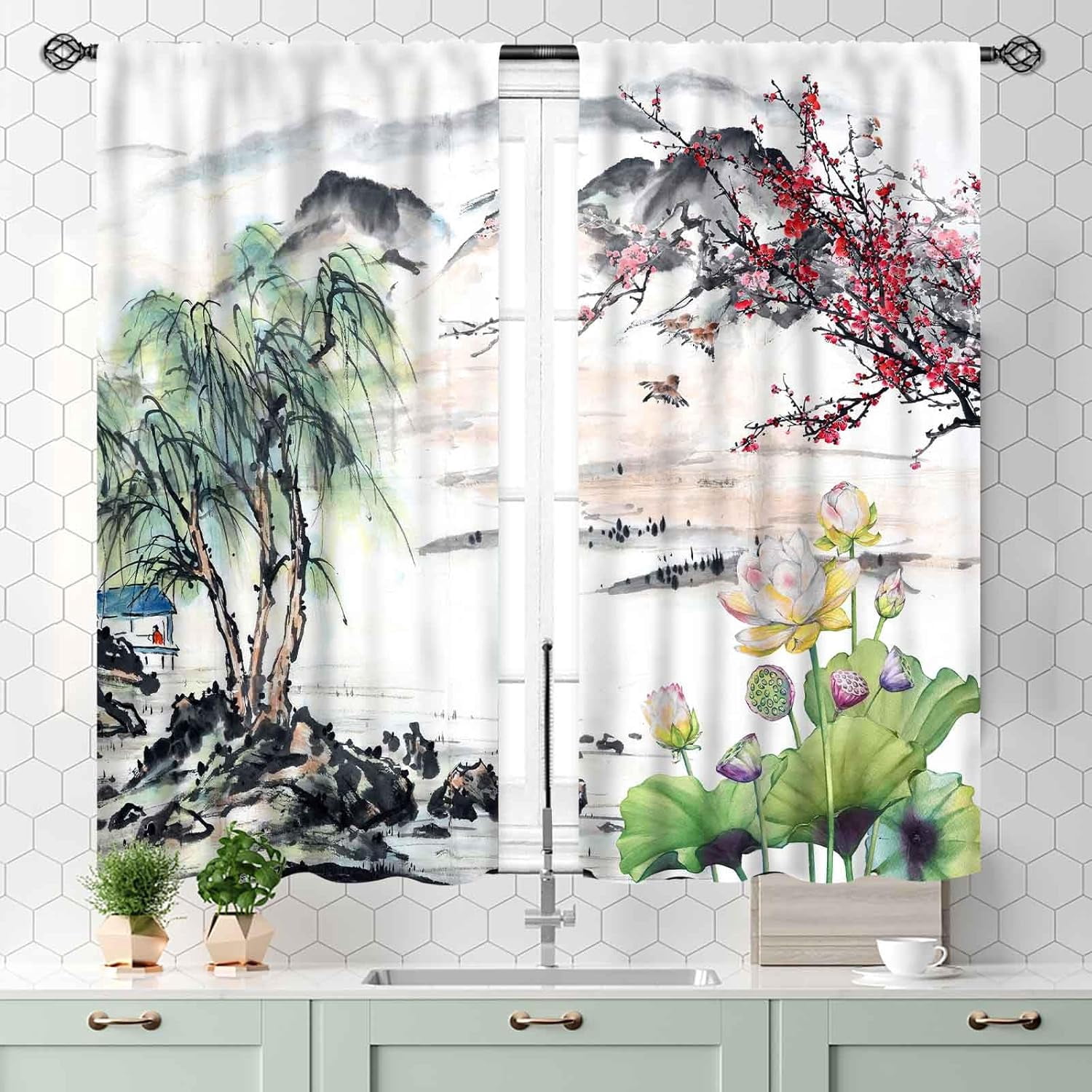 Asian Curtains for Bedroom, Traditional Ink Painting Nature Landscape Mountains Cherry Blossoms Floral Oriental Art Japanese Style Kitchen Living Room Bathroom Window Drapes Curtains Set, 55x39 Inch