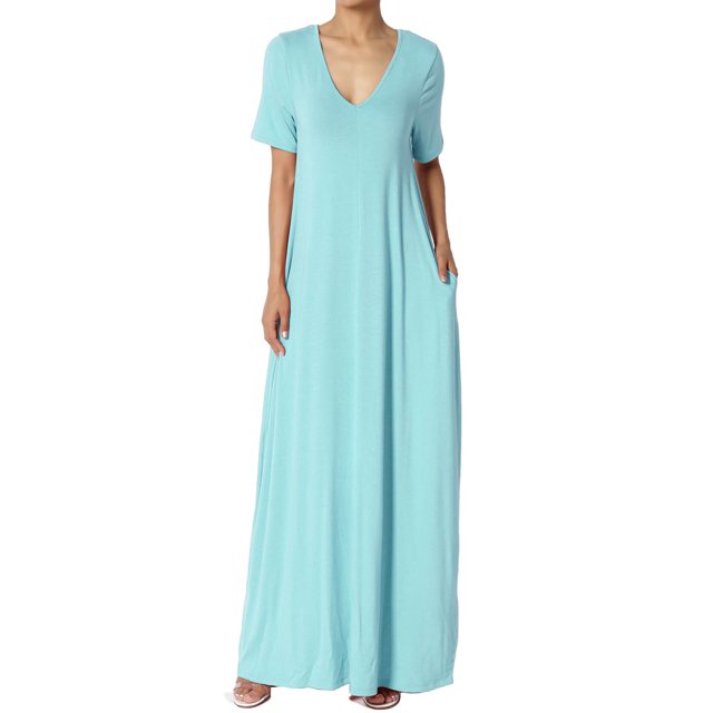 TheMogan Robe Maxi Surdimensionnée en Jersey Doux pour Femmes, Col en V, Manches Courtes avec Poche