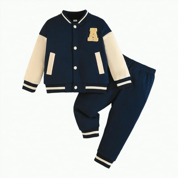 UAYOTSE Fall Winter Toddler Baby Boy Outfit Stripe Waffle Knit Long Sleeve Sweatshirt Pullover Tops and Pants Set(18-24 Months,B329-Dark Blue)