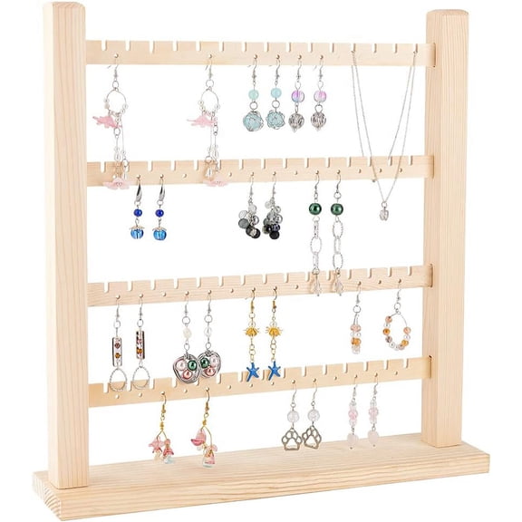 4-Tier Wooden Earring Display Organizer Holder （60 Slots 56 Holes） Wheat Detachable Earring Display Stand Jewelry Display Rack Jewelry Tower for Long Earrings Ear Studs Storage for DIY