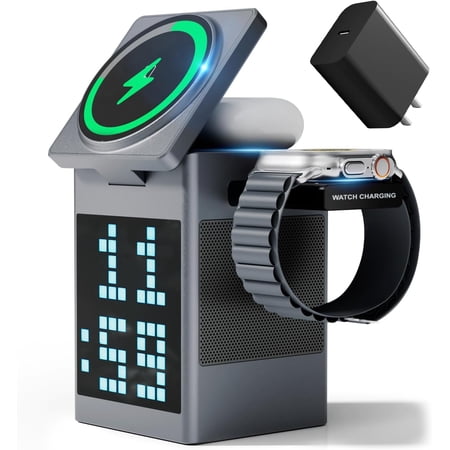 3-in-1 Wireless Charging Stat with Bluetooth Speaker, Digital Alarm Clock, Pixel Display for MagSafe iPhone 17/16/15, Apple Watch, AirPods, Fast Charging, Compact Desk Organizer