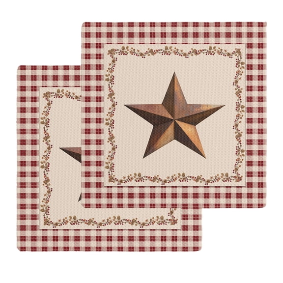 Western Texas Star Retro Kitchen Dish Towels for Drying Dishes Set of 2, Rustic Vintage Farm Red Beige Plaid Waffle Weave Microfiber Hand Tea Bathroom Towels Quick Dry & Absorbent Towel 12x12