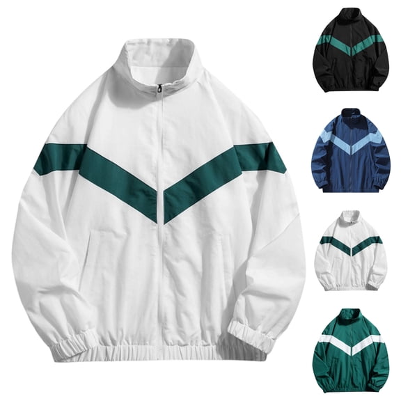 LODIENY Men Varsity Jacket Zip Up Color Block Breathable Windbreaker Jackets Long Sleeve Stand Neck Relaxed Fit Streetwear Coats with Pockets Green M