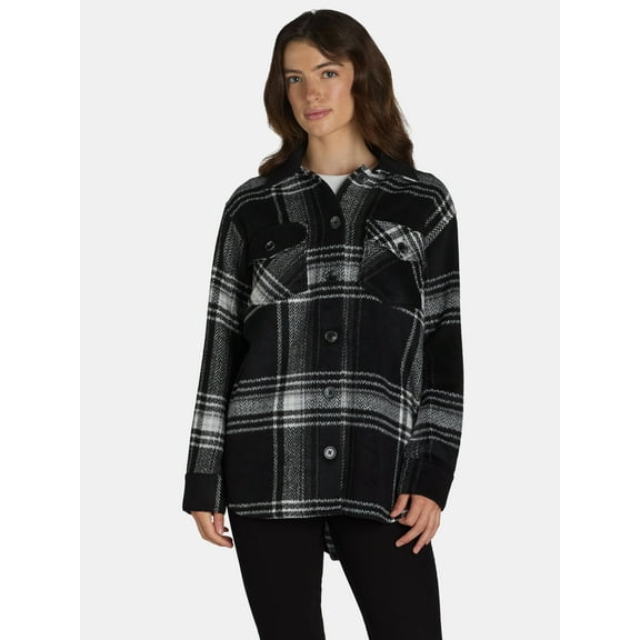 Time and Tru Women's Plaid Button Front Shacket, XS-XXXL