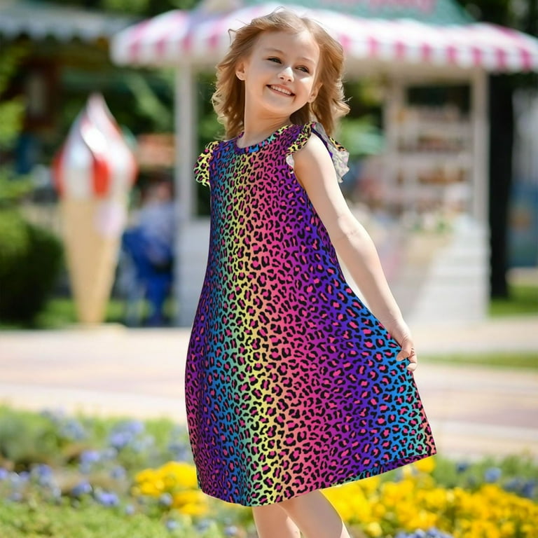 Qokaie Leopard Neon Rainbow Gradient Print Girls Nightgowns Nightgown Princess Pajama Dresses for Girls Sleepwear Nightie Flutter Sleeve Dress Small Walmart