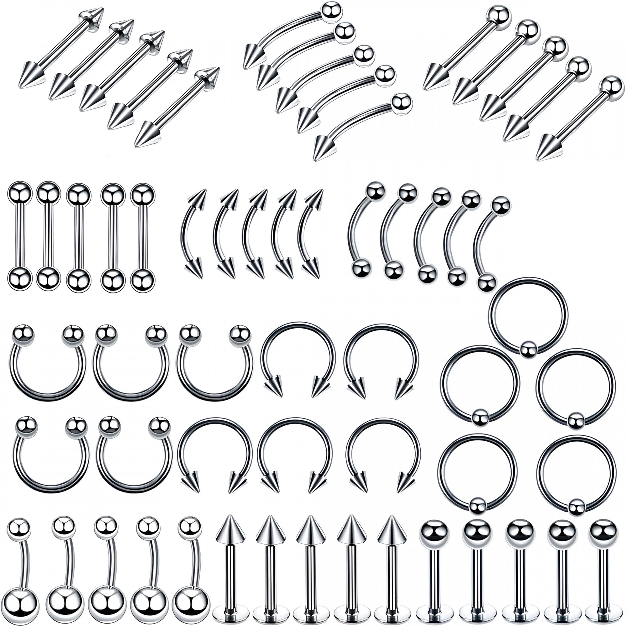 DESIGNICE 2026 New 60 Pcs Body Piercing Kit Jewelry 16G Nose Rings Lip Studs Tongue Rings Stainless Steel Cartilage Earrings Tragus Eyebrow Industrial Barbell Belly Rings Body Piercing Jewelry Lot