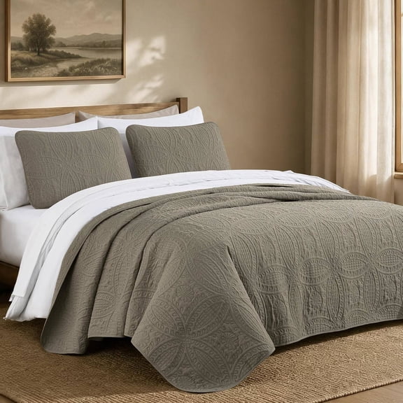 3-Piece Oversized Bedspread Coverlet Set (Queen, Taupe)