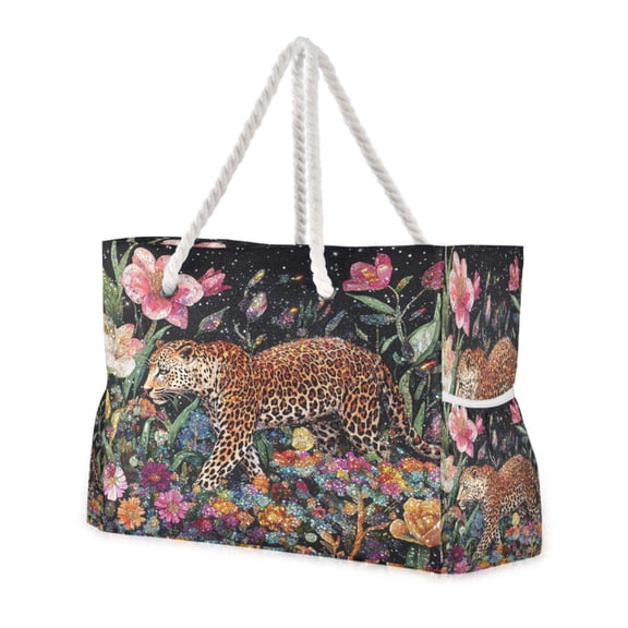 DIXRUYEE Beach Cooler Travel Tote Bags Beach Bag Fashion Leopard Among Flora Printed