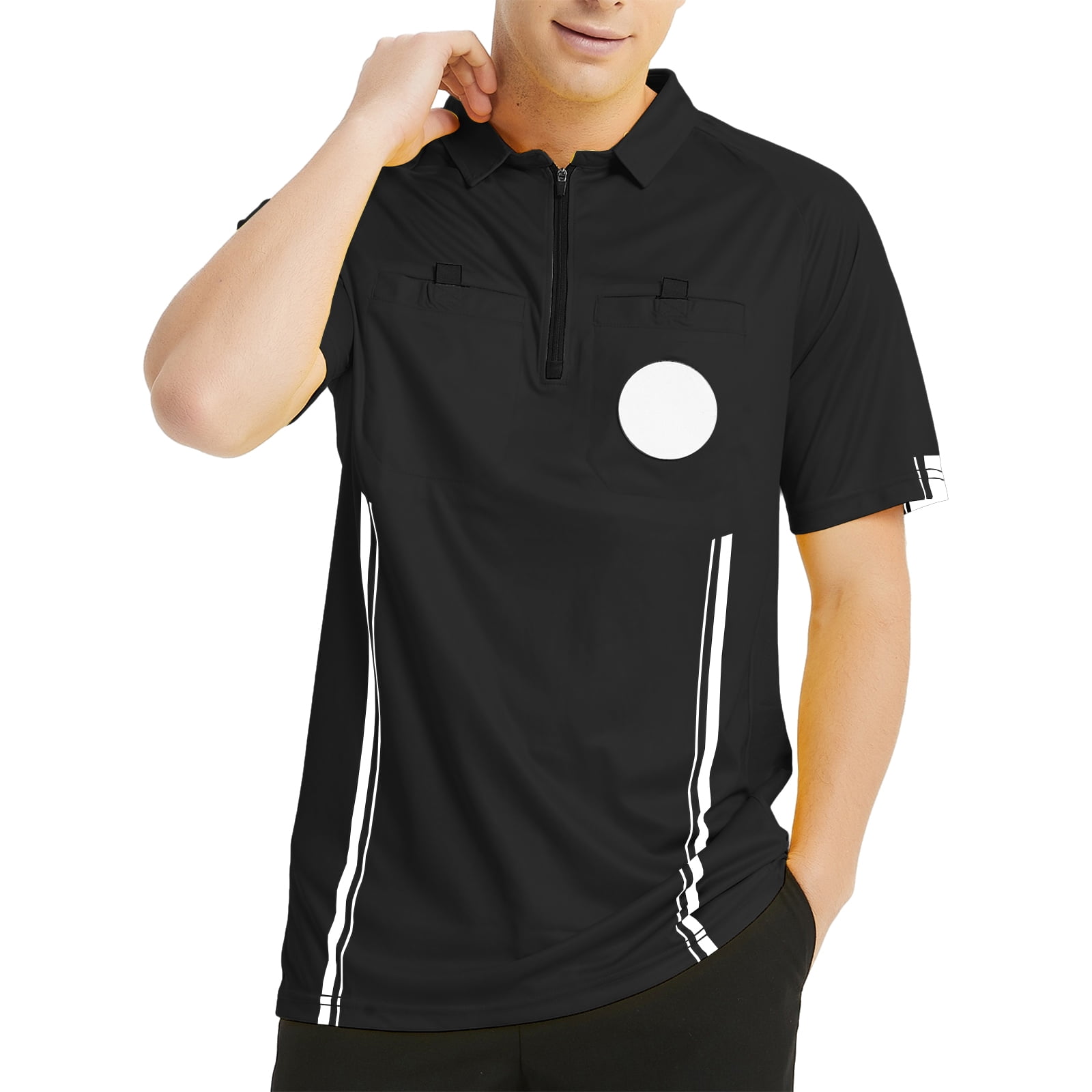 Toptie Men\'s Soccer Referee Jersey Officials Pro Short Sleeve Referee Shirts-Black-XS