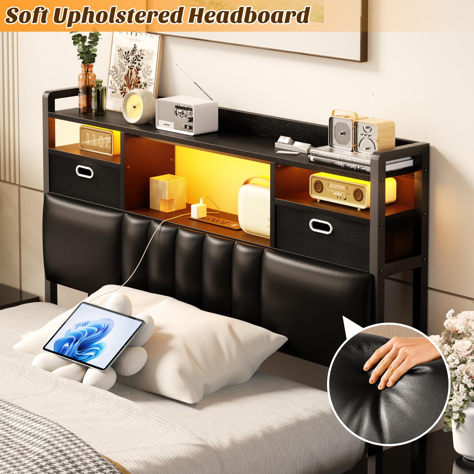 Aheaplus Twin Headboard with Drawer Storage and RGB LED Light, Twin Size Upholstered Headboard with Charging Station and Bookcase, for Bedroom/Dorm Room/Guest Room, Black