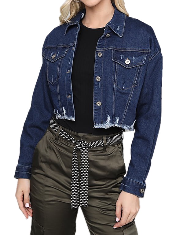 Women's Cropped Long Sleeve Button Down Denim Jackets Dark Wash S