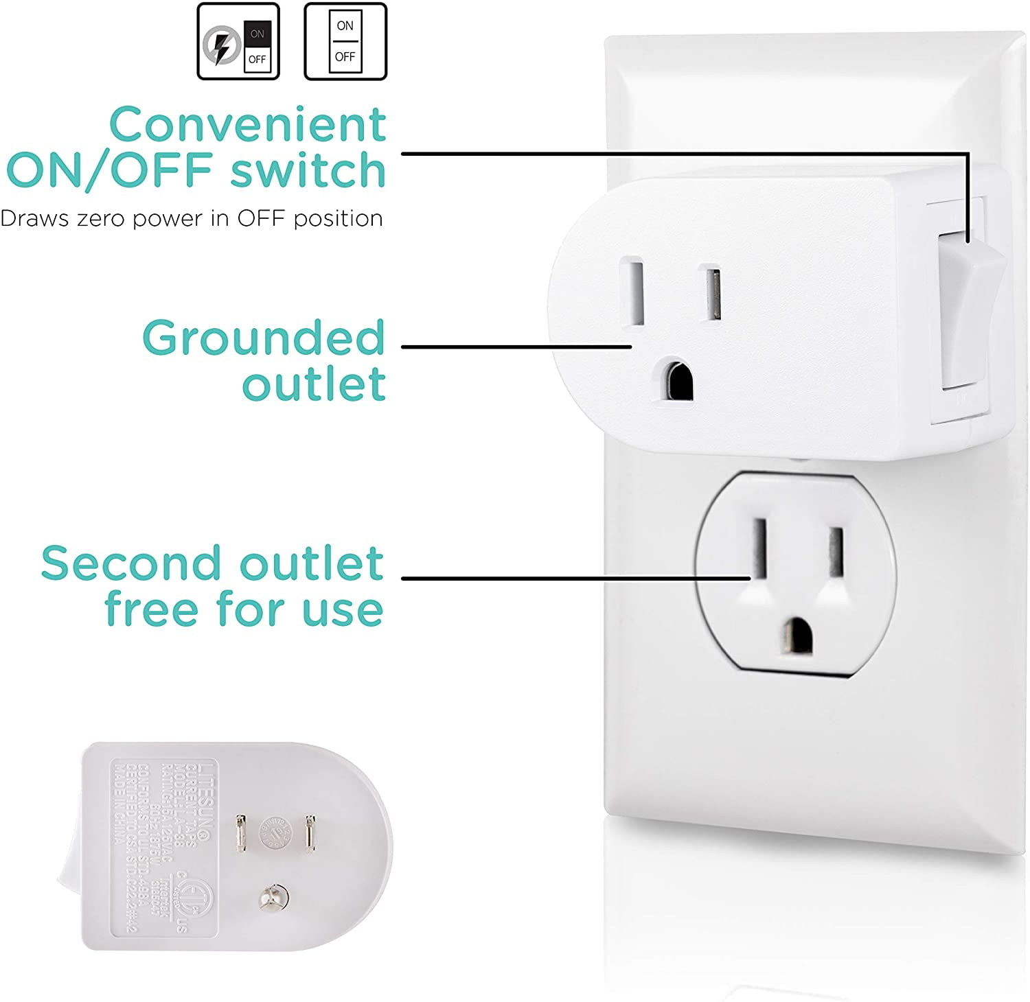 Cordinate Grounded Outlet On/Off Power Switch, 3 Prong, Plug in Adapter,  Easy to Install, for Indoor Lights and Small Appliances, Energy Saving,  Grey