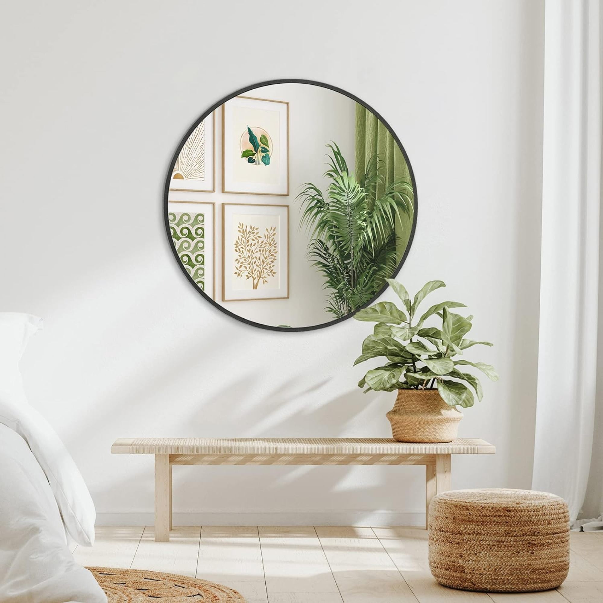 32" Round Wall Mirror,Modern Circle Mirror Hanging or Wall Mounted,Black
