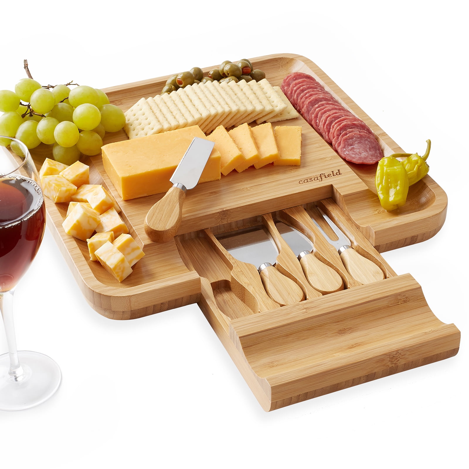 Casafield Organic Bamboo Cheese Cutting Board & Knife Gift ...