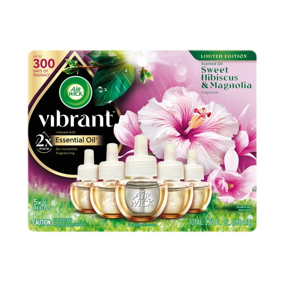 Air Wick Vibrant Plug-In Scented Oil Air Freshener Warmer Refills, Sweet Hibiscus and Magnolia, 5 Count