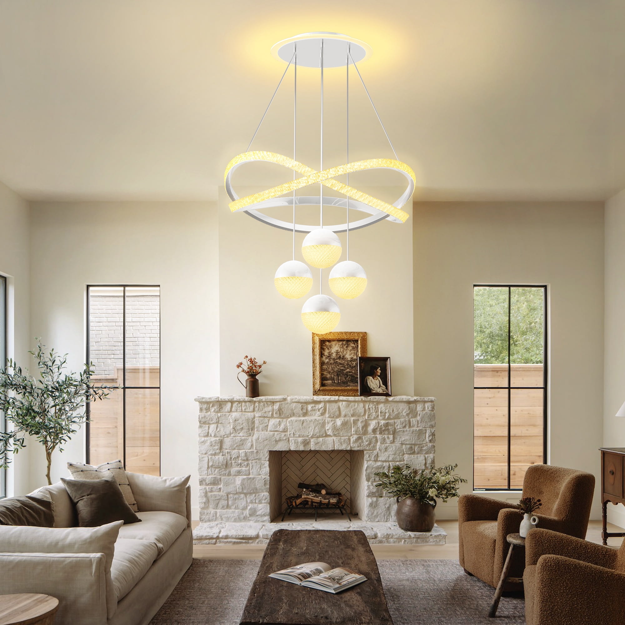 bokifol Modern LED Chandeliers,Dimmable 3-Color Kitchen Island Pendant Light for Dining Room,Bedroom,Living Room,Contemporary Hanging Ceiling Light,Linear Island Lamp,White