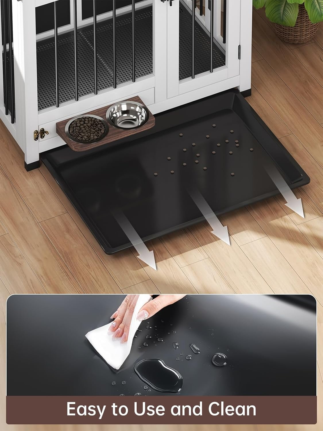 Dog Crate Furniture, 31.5'' Dog Kennel Indoor Foldable and Portable, Sturdy Wooden Dog Crate End Table Easy Assembly with 360° Rotating Feeder and Detachable Tray for Small Dogs,Medium Dogs