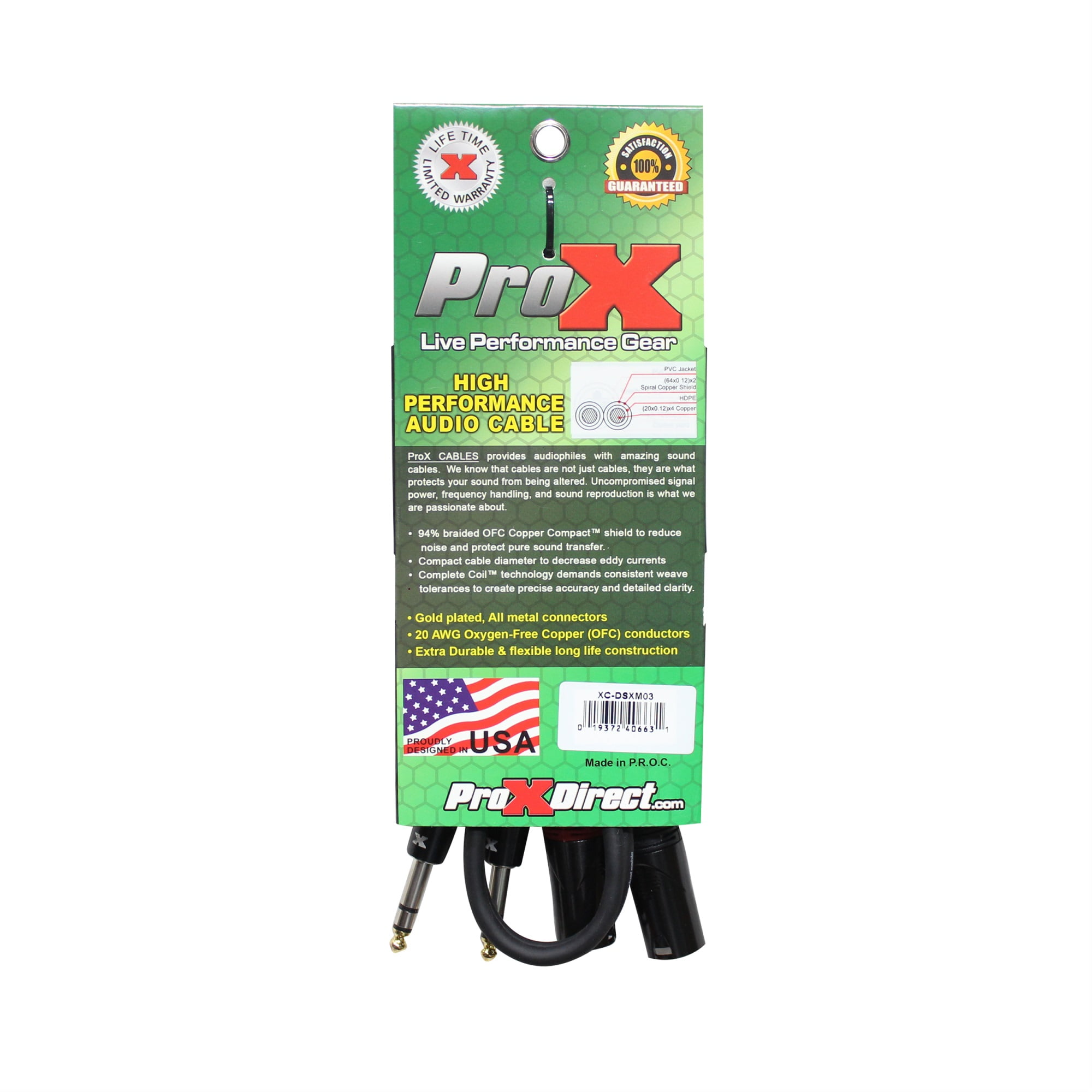 ProX XC-DSXM03 3' Dual 1/4" TRS-M to Dual XLR3-M Balanced High Performance Audio Cable