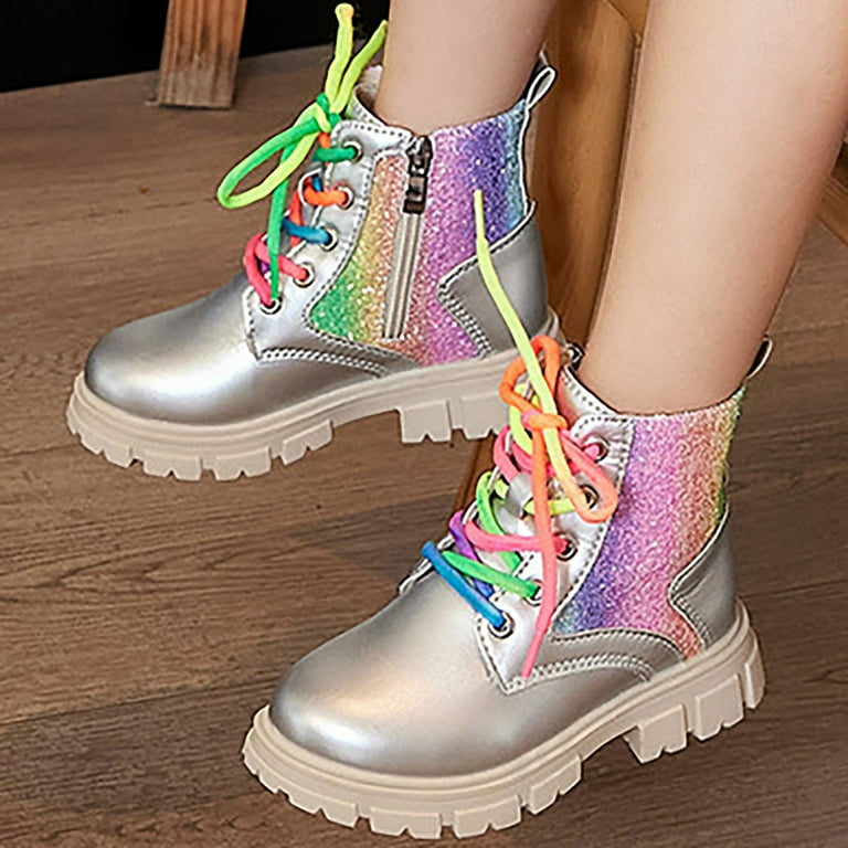 Mepaouo Colorful Ankle Boots for Girls Lace up Rainbow Shoelace