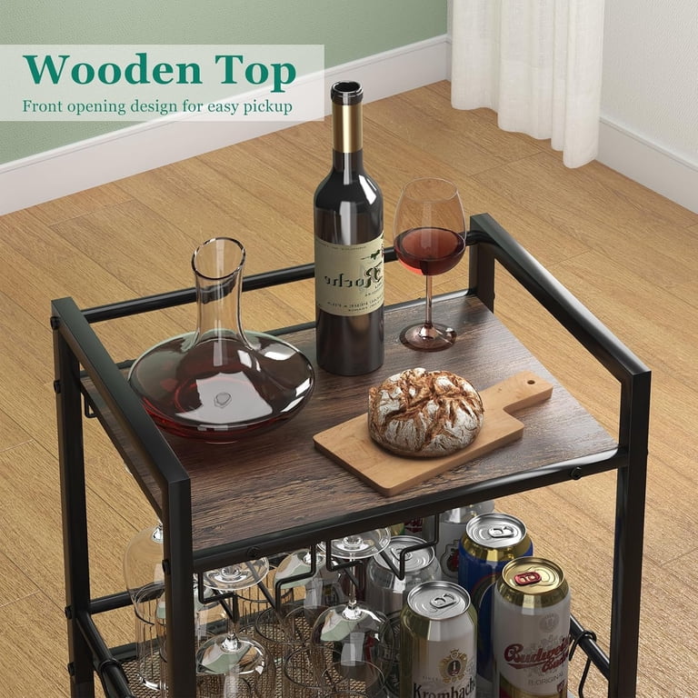 Costway 3-Tier Kitchen Trolley Cart With Wine Rack And Glass Holder – Brown/Black, Rolling Bar Cart