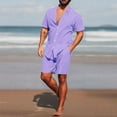 thumbnail image 2 of Honeeladyy Sport Set for Mens Two Piece Suit Solid Short Sleeve Fit Tee Shirts Short Sweatpants Set #He-Purple-XL, 2 of 4