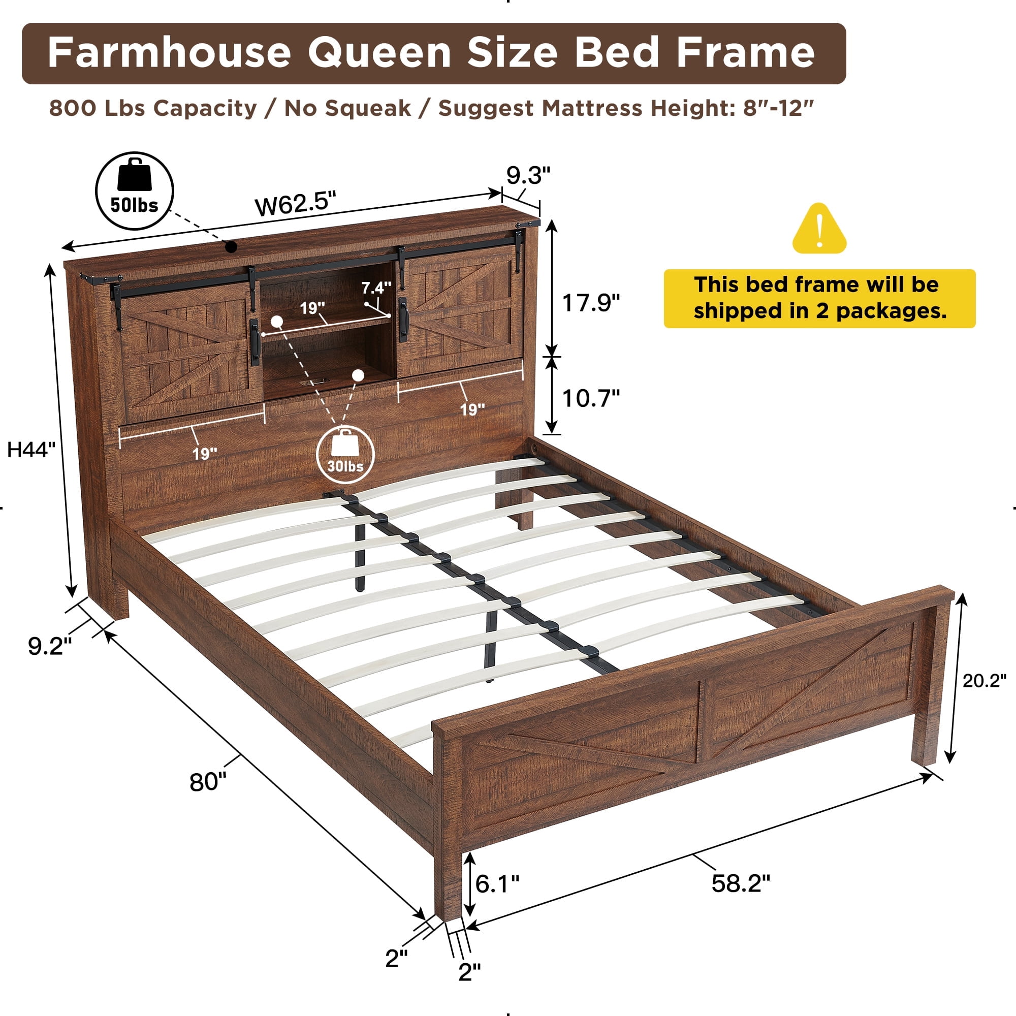 OKD Modern Farmhouse King Platform Bed with Bookcase Headboard Storage and Charging Station, No Box Spring Needed, Reclaimed Barnwood