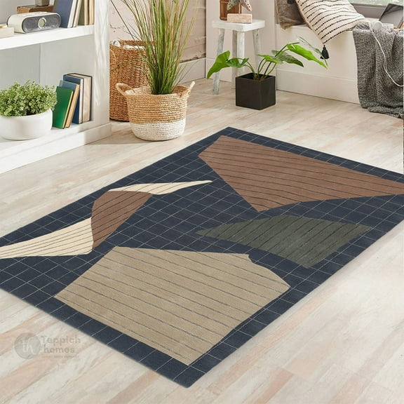 Teppich Homes Charcoal Geometric Area Rug 5x7 - Wool Tufted Carpet for Living Room And Hallway