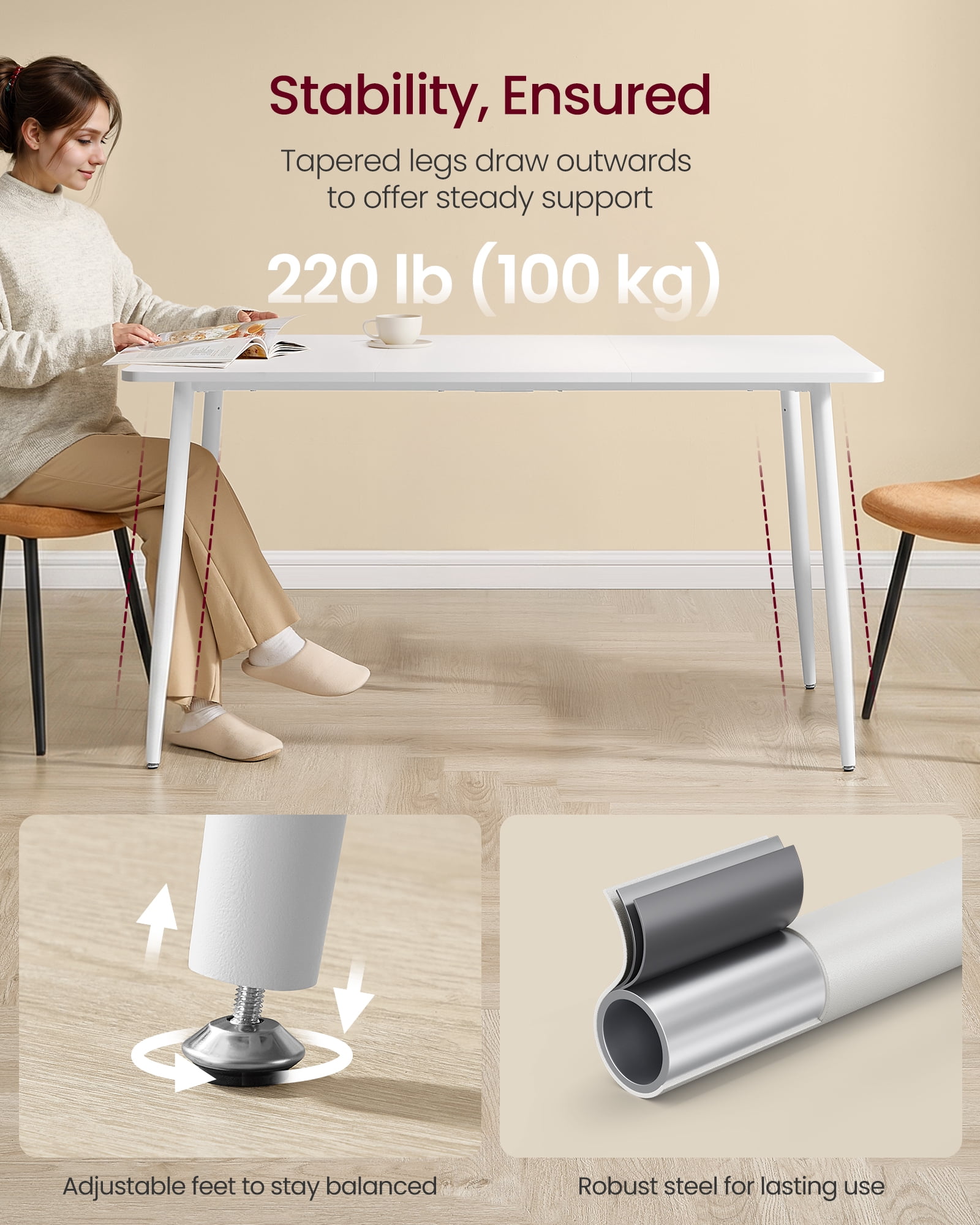 VASAGLE Dining Table, Dining Room Table for 4-6 People, Modern, Quick Assembly, Heat-Resistant Surface, 29.5 x 55.1 x 29.5 Inches, Snow White