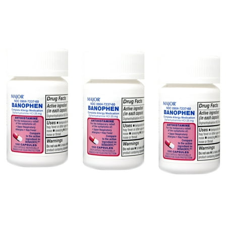 Major Banophen Complete Allergy Medication Diphenhydramine HCI 25mg Antihistamine, 100 Capsules - Pack of 3
