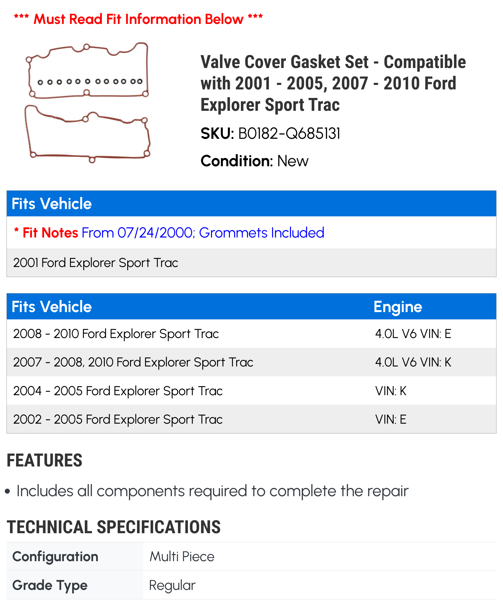 Valve Cover Gasket Set - Compatible with 2001 - 2005, 2007 - 2010 Ford Explorer Sport Trac 2002 2003 2004 2008 2009