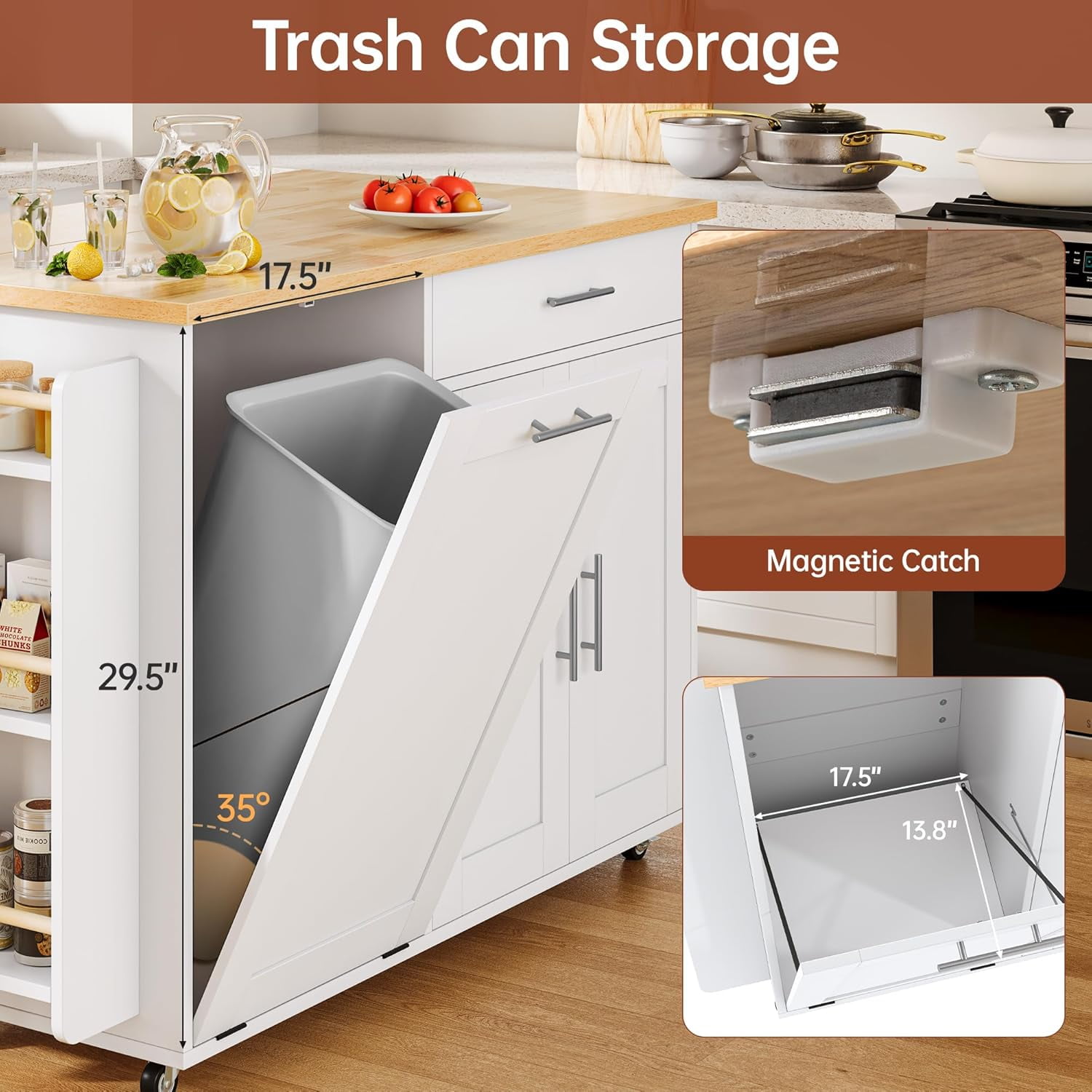 3-Tier Kitchen Island with Hidden Trash Can Storage, Rolling, Drop Leaf, Spice Rack & Drawer