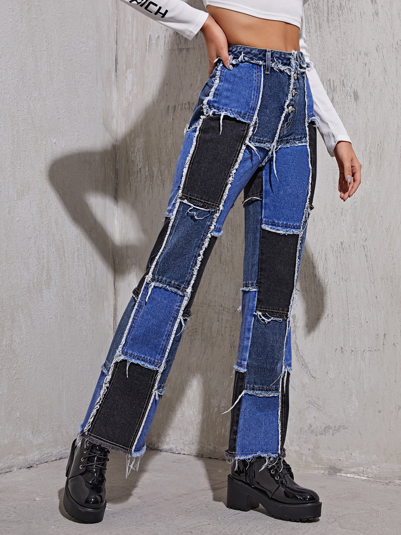 Women's High Waist Button Fly Spliced 