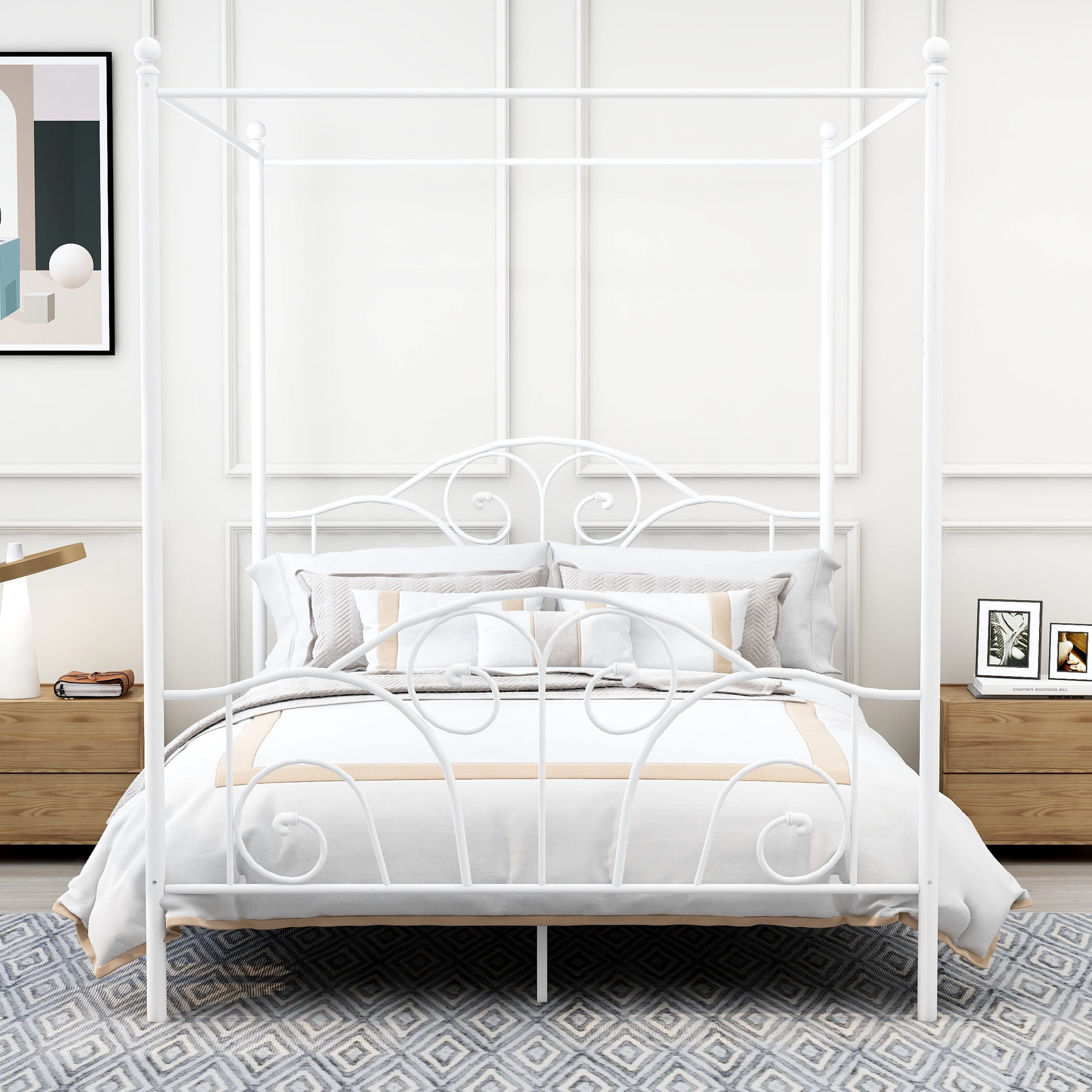 AUFANK Vintage Four Post Metal Canopy Bed Frame, Full Size, White