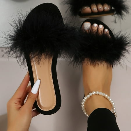 

Summer Slippers For Women Beach Accesseories Flip Flops For Women Ladies Fashion Summer Plush Decorative Open Toe Flat Bottom Casual Beach Slippers Swimming Pool Accessories Mens Women Slippers