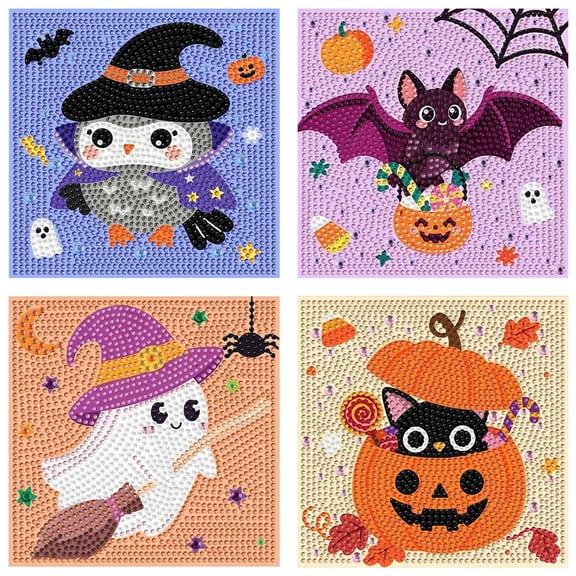 4 Pack Halloween Diamond Art Kits for Age 8,DIY Easy Gem Painting Kit