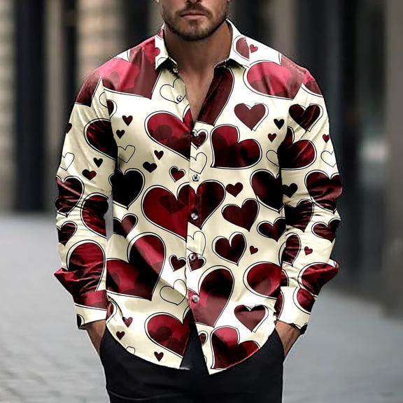 BVOFAR Valentines Day Dress Shirt Men Stylish Loose Fit Long Sleeve Shirts Button Down Heart Print Blouses Mens Vacation Top