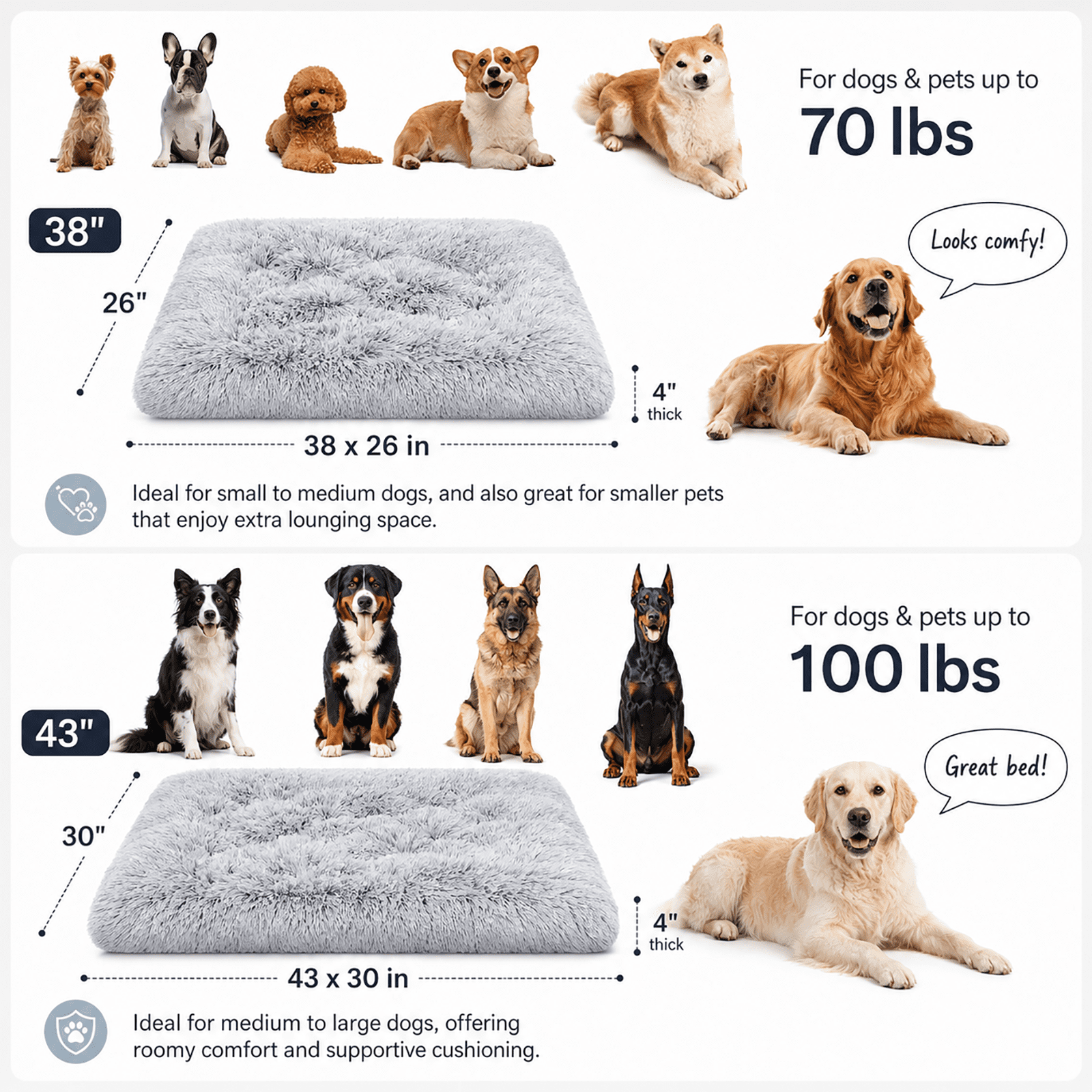 Juyafio Large Plush Dog Pet Bed,Washable Dog mat with Non-Slip Bottom for Large and Medium Dogs, 38"x26" Gray Anti Anxiety Dog Bed