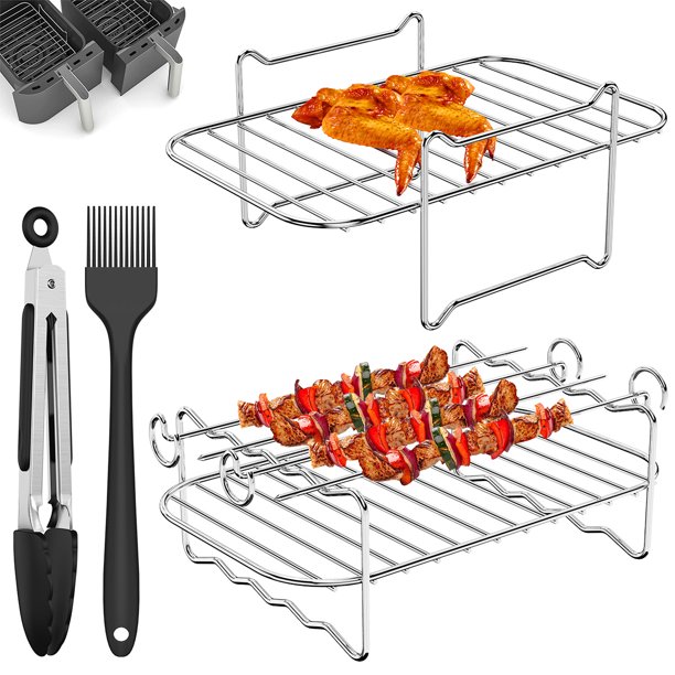 Muyoka Accesorios para freidora de aire de acero inoxidable 304 con palitos de barbacoa Cepillo de aceite Clip para barbacoa Rejilla antiadherente para freidora de aire Rejilla multiusos de doble cap