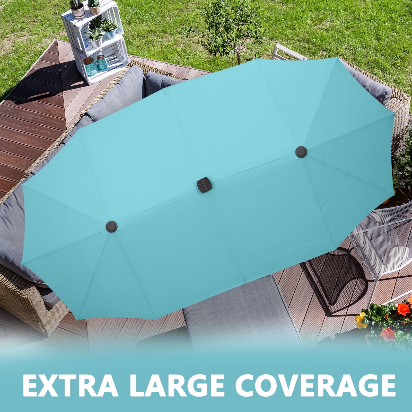 Ainfox 13ft Large Patio Umbrella with Solar Lights, Outdoor Double-Sided Rectangle Market Heavy Duty Umbrellas without Base,Blue
